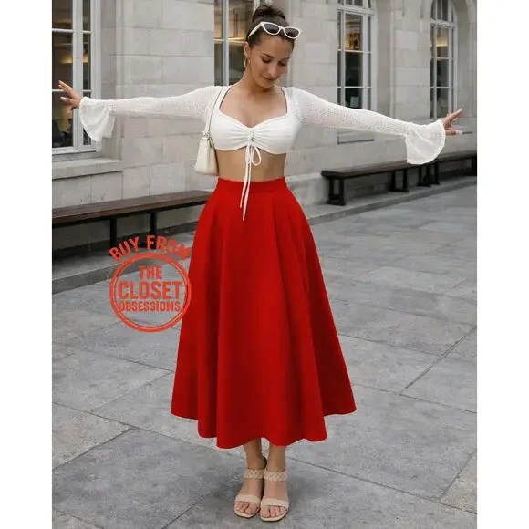 ZARA Blogger Fave Bright Red A-Line High Waist Midi Skirt NWT - Picture 3 of 16